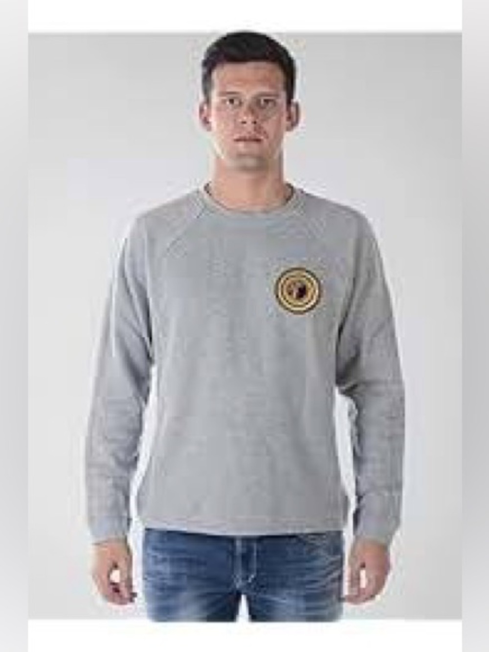 Versace Light Gray Crewneck Sweater with Gold Chest Emblem